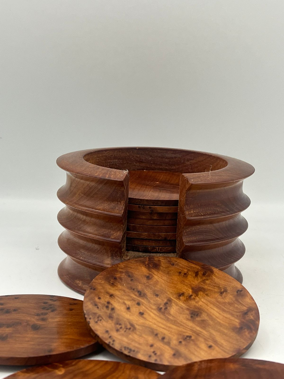 Set of Thuya Wood Coasters with Holder: Authentic Moroccan Kitchen Décor