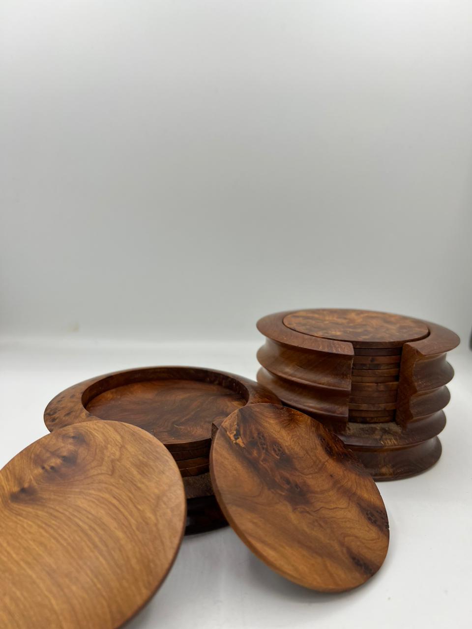 Set of Thuya Wood Coasters with Holder: Authentic Moroccan Kitchen Décor